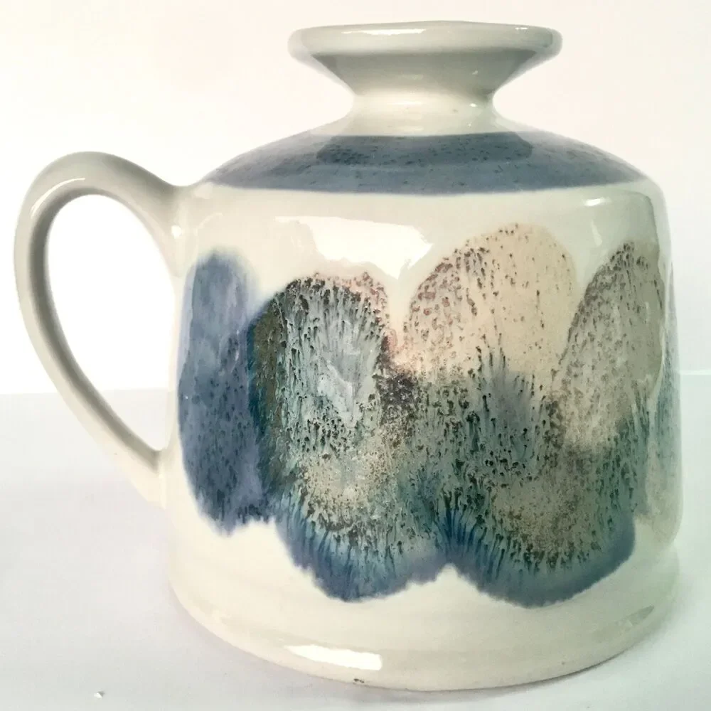 Kravec Studios Art Pottery Vase: Container Pitcher Abstract Blue Cream Decor, Na